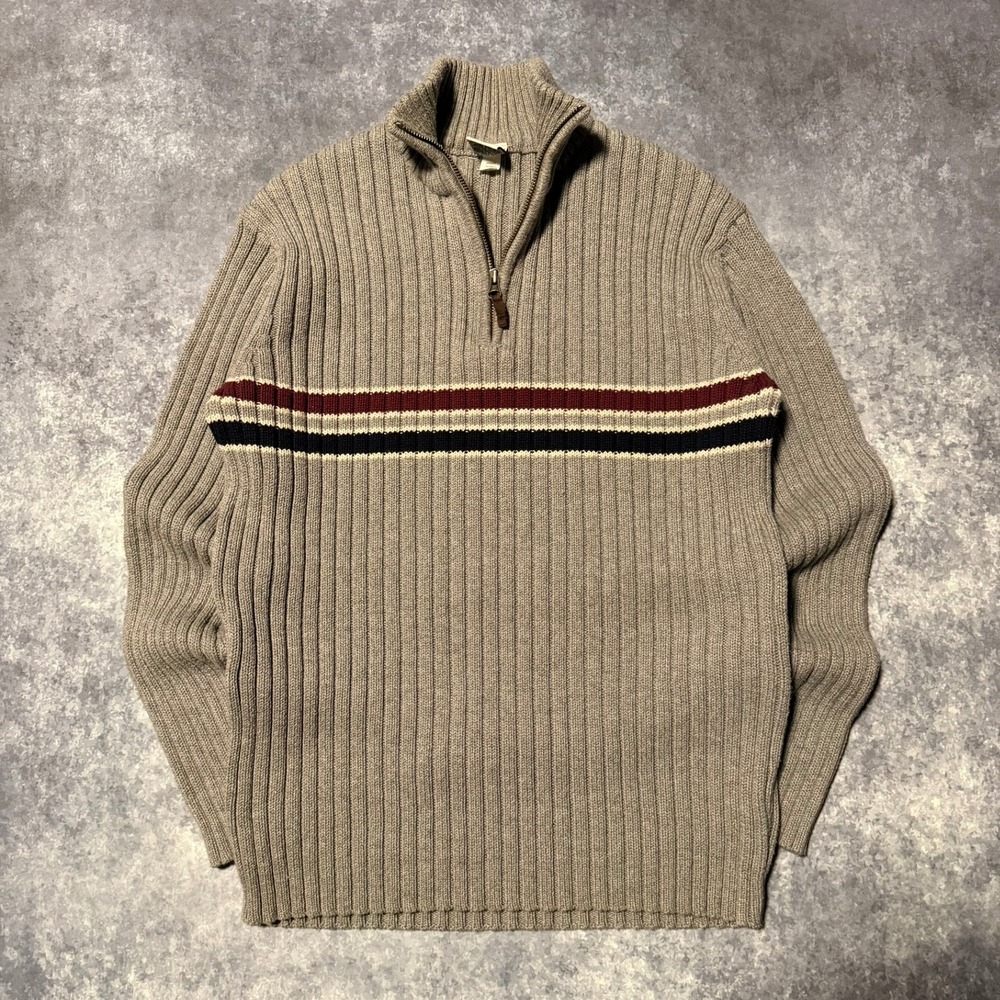 Vintage Y2K Old Navy Mens Grey Ribbed Quarter Zip Pullover Sweater Stripe Medium